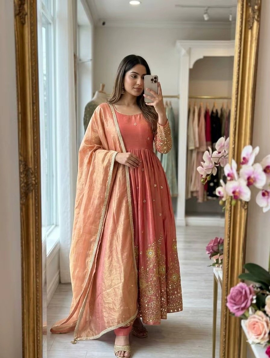 Gold Embroidered Peach Silk Anarkali Suit Set With Flared Kurta Tissue Dupatta