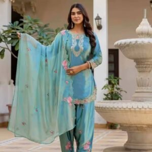 Summer Sky Blue Silk Embroidered Reversible Salwar Kameez Dupatta Suit Punjabi Patiala Style