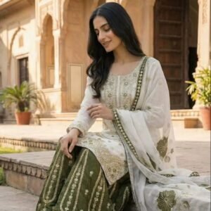White & Green Zari Embroidered 3-Piece Anarkali Set