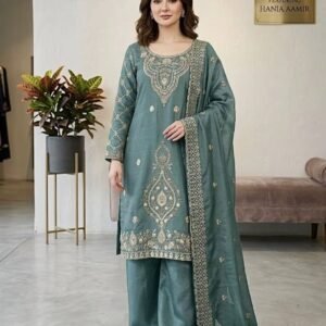 Hania Amir Premium Silk Golden Zari Embroidery Designer Salwar Kameez