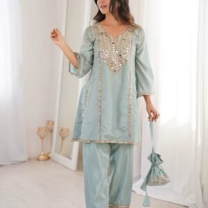 Silk Salwar Kameez Co-ord Set Mirror Short Kurti Trouser Pants Potli Bag Bollywood Style Quick Dry Party Indian
