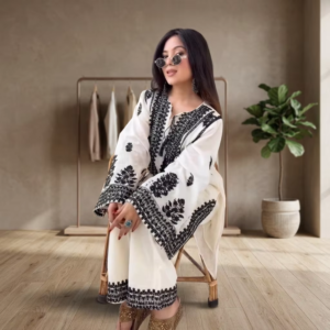 Luxury & Elegant Tunic Cotton White Black Cord Set Heavy Embroidered