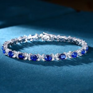 Women Royal Blue Tone Cubic Zirconia Tennis Bracelet, Oval Main CZ With Marquise White Zircon Leaf Link Wrist Jewelry