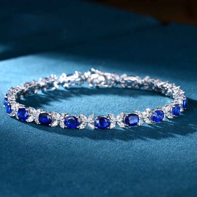 Women Royal Blue Tone Cubic Zirconia Tennis Bracelet, Oval Main CZ With Marquise White Zircon Leaf Link Wrist Jewelry