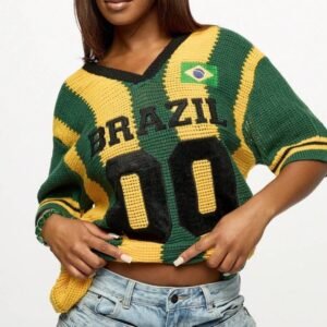 Women's Letter-embroidered Retro Loose-fit Three-quarter-sleeve Top With Color-blocking